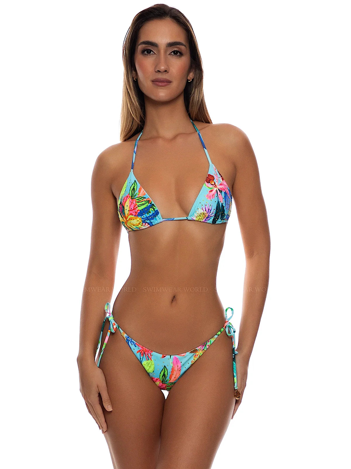 Crystallized Seamless Triangle-Crystallized Seamless Wavy Ruched Back Tie Side Bikini