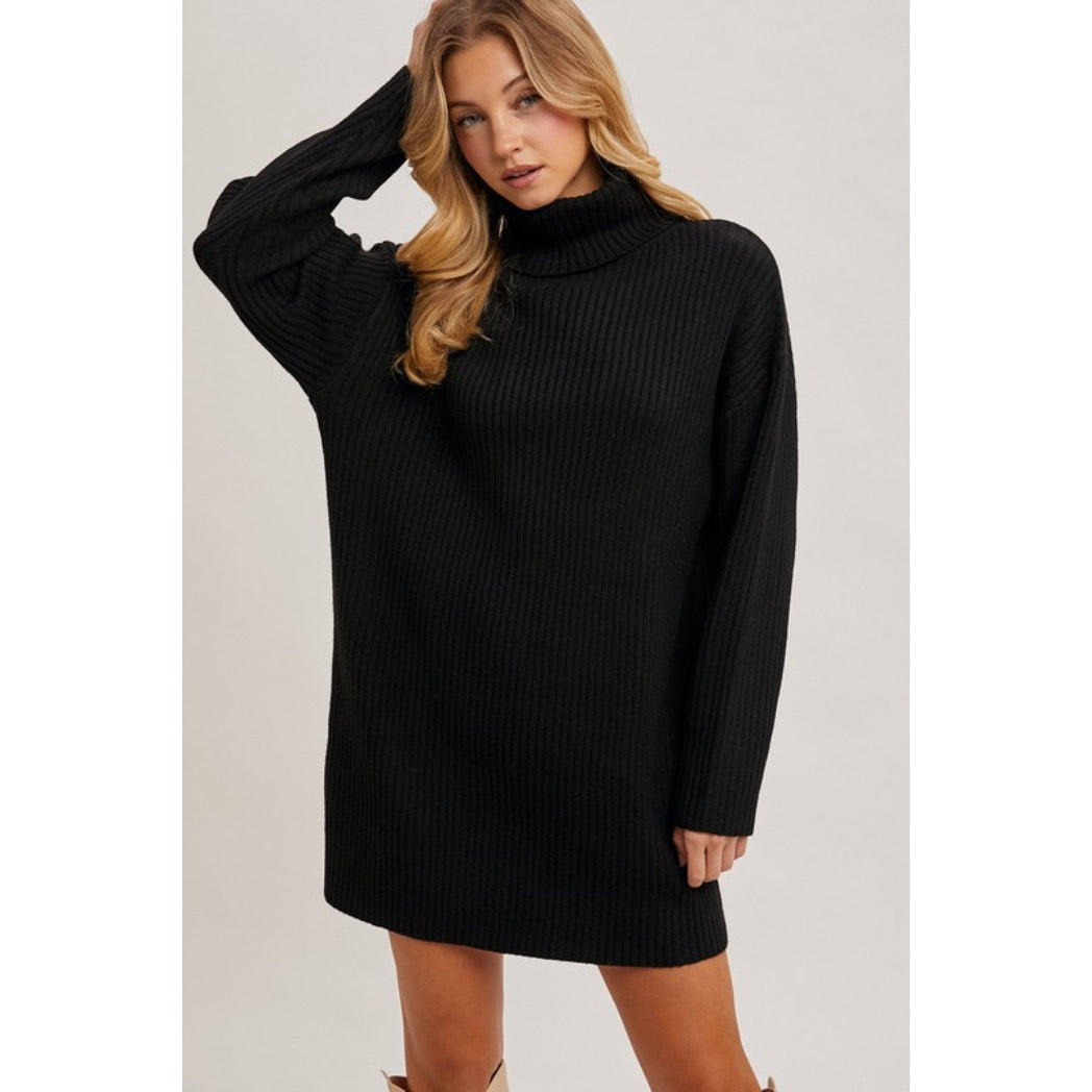 BLUIVY - TURTLENECK KNIT SWEATER DRESS | BLACK