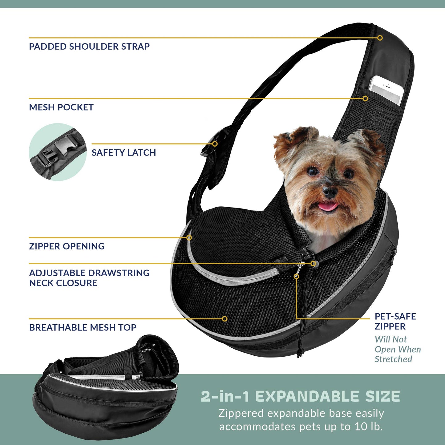 Pet Expandable Sling - Black: Green