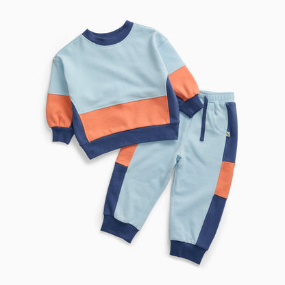 KIDLY by MORI Colourblock Sweatshirt & Joggers Outfit - Blue & Orange
