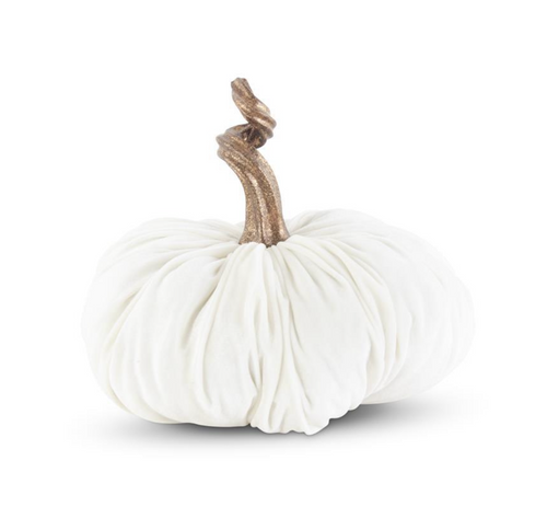 10 INCH WHITE VELVET STUFFED PUMPKIN W/TWISTED GOLD STEM