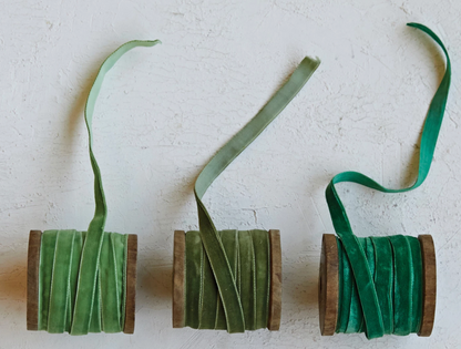 10 Yard Velvet Ribbon on Wood Spool - Green