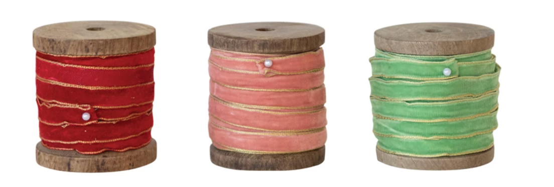 10 Yard Velvet Ribbon w/ Metallic Edges on Wood Spool