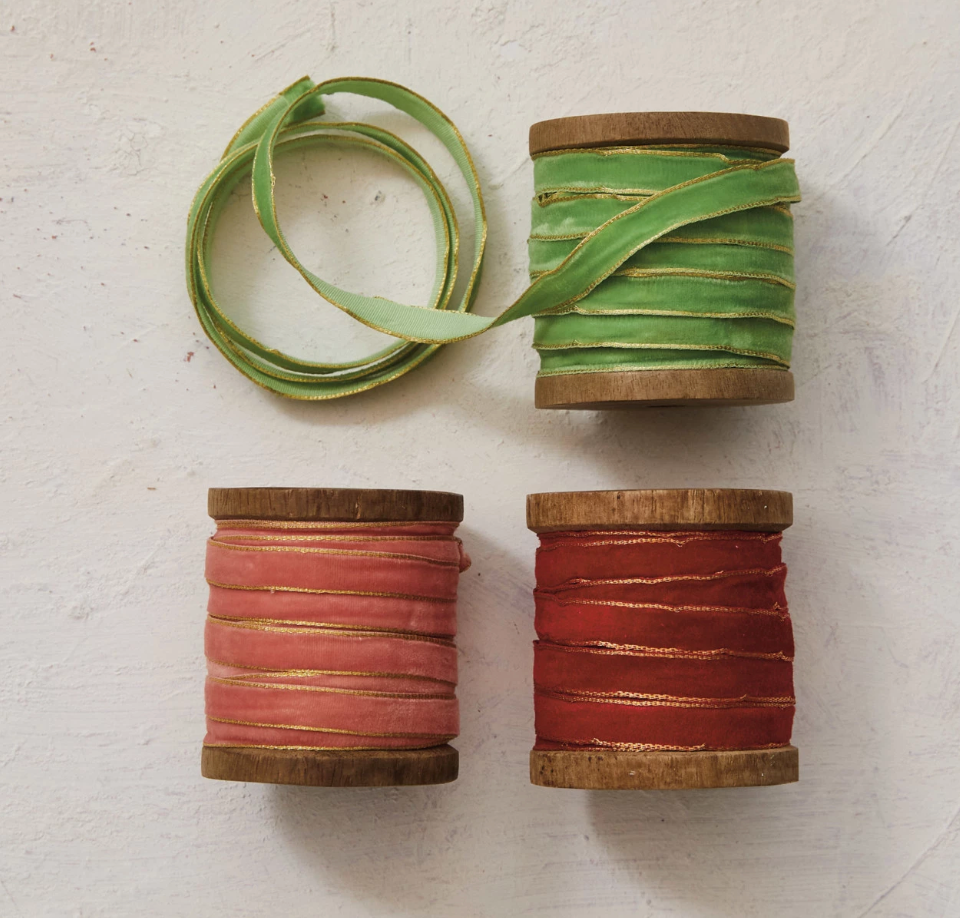 10 Yard Velvet Ribbon w/ Metallic Edges on Wood Spool