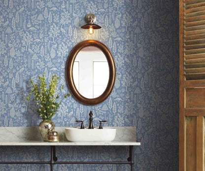 Menagerie Toile Wallpaper Sample - Blue & White